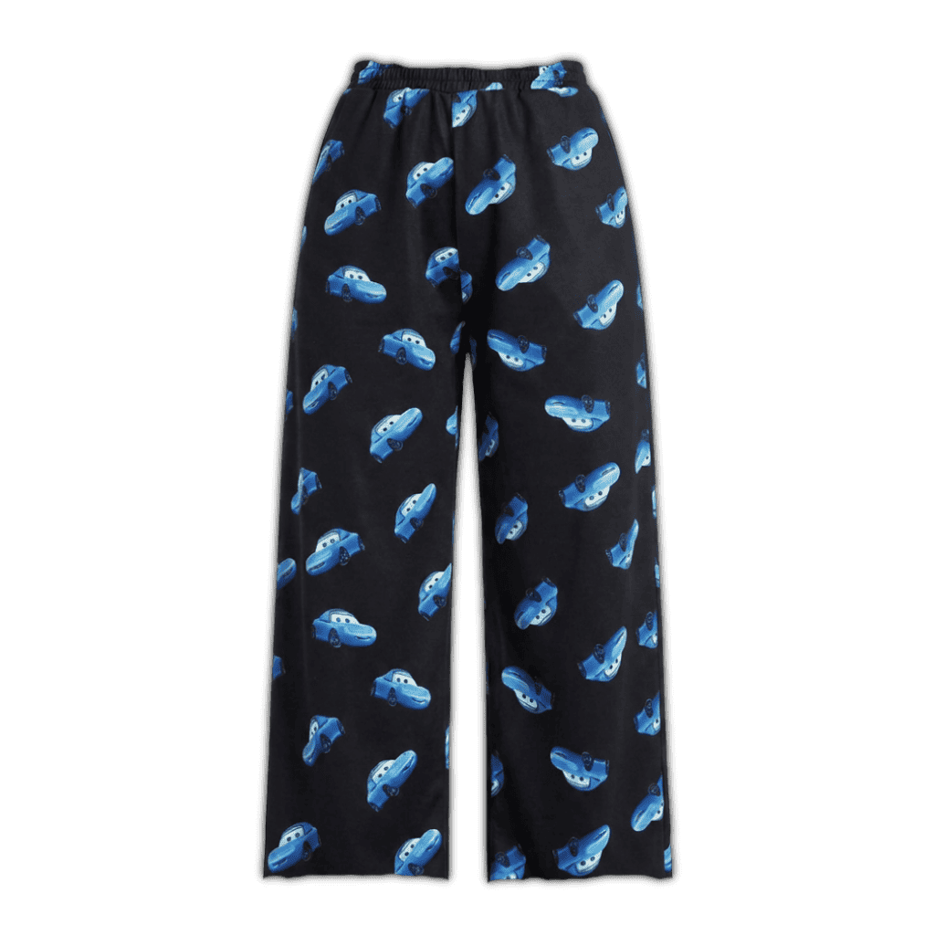 Black thin pajama pants with scattered blue car print