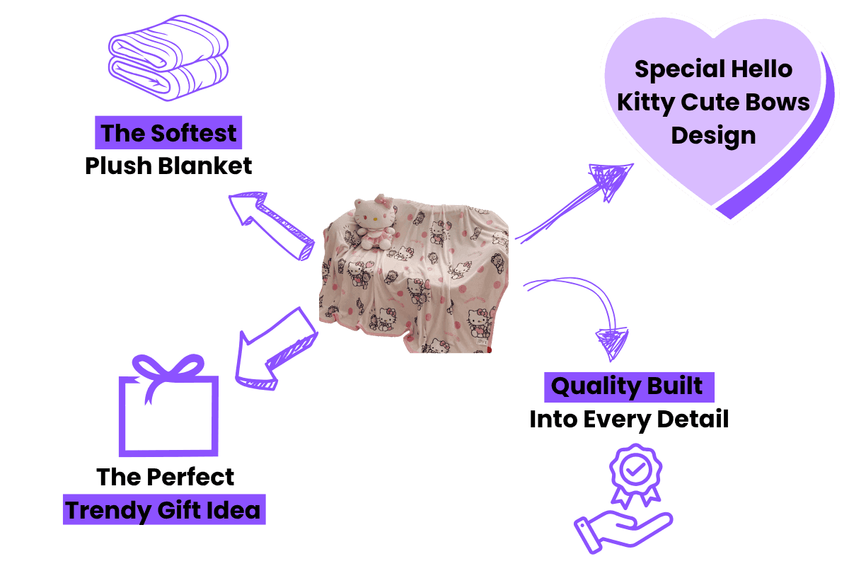Hello Kitty kawaii velvet blanket features special bows and cozy plush design icons