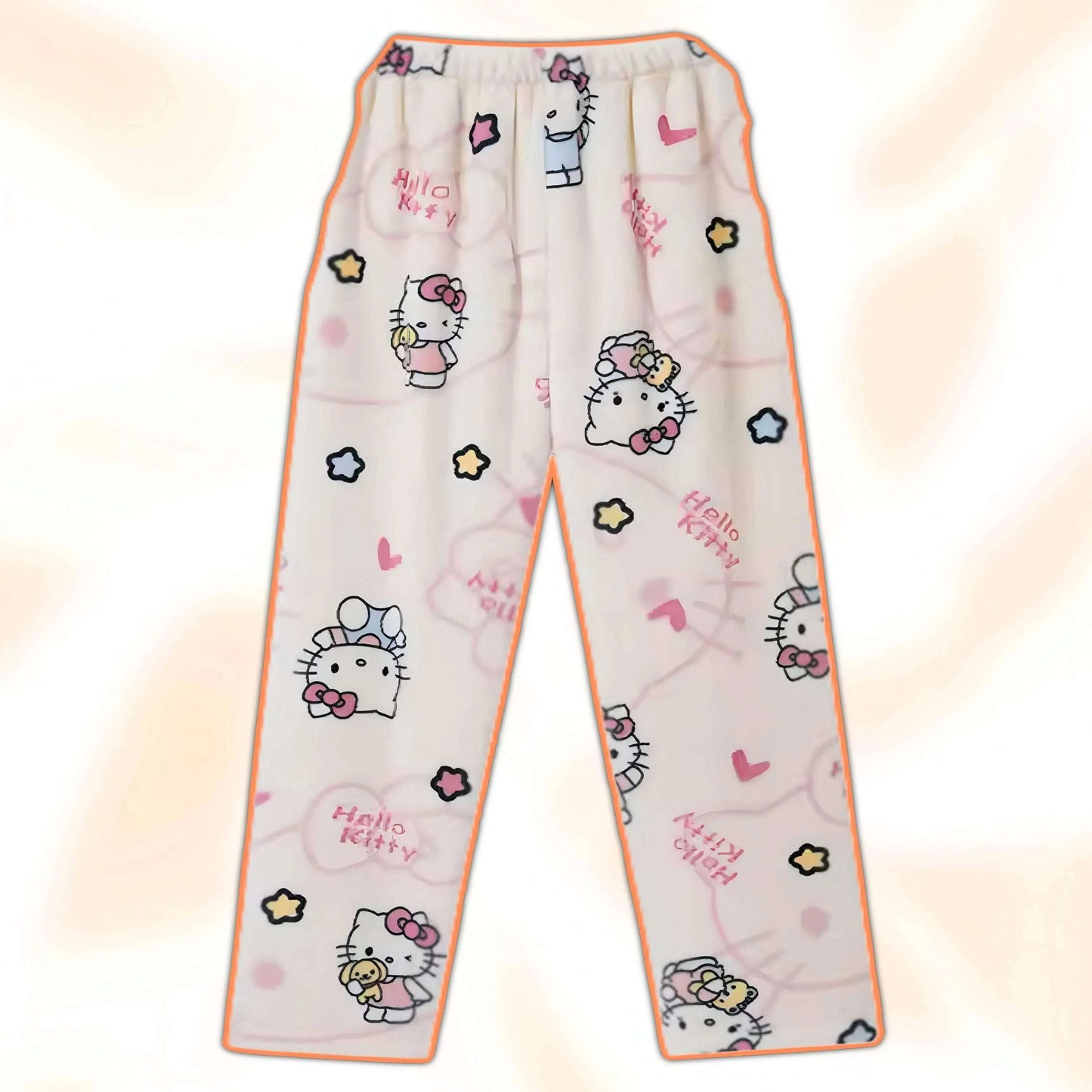 Hello Kitty pajama pants, cream with pink pattern and orange trim around hems