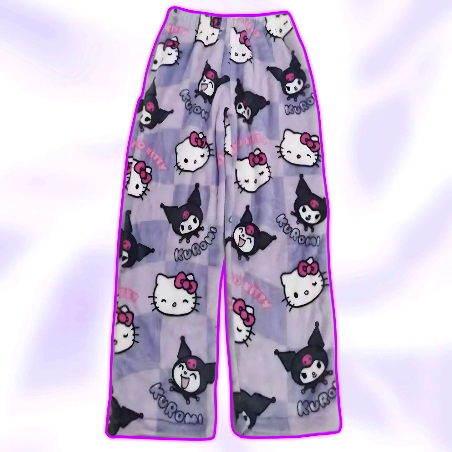 Lavender pajama pants with repeating Hello Kitty and Kuromi faces and bows.