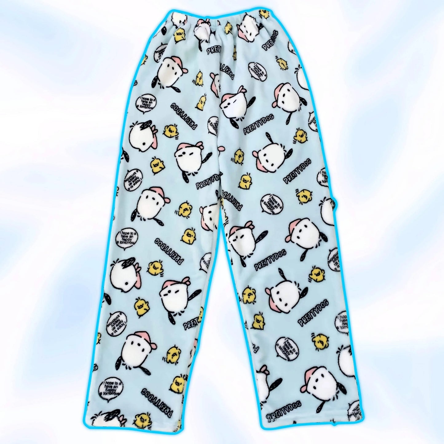 Light blue pajama pants with repeating cartoon dog faces and decorative blue piping