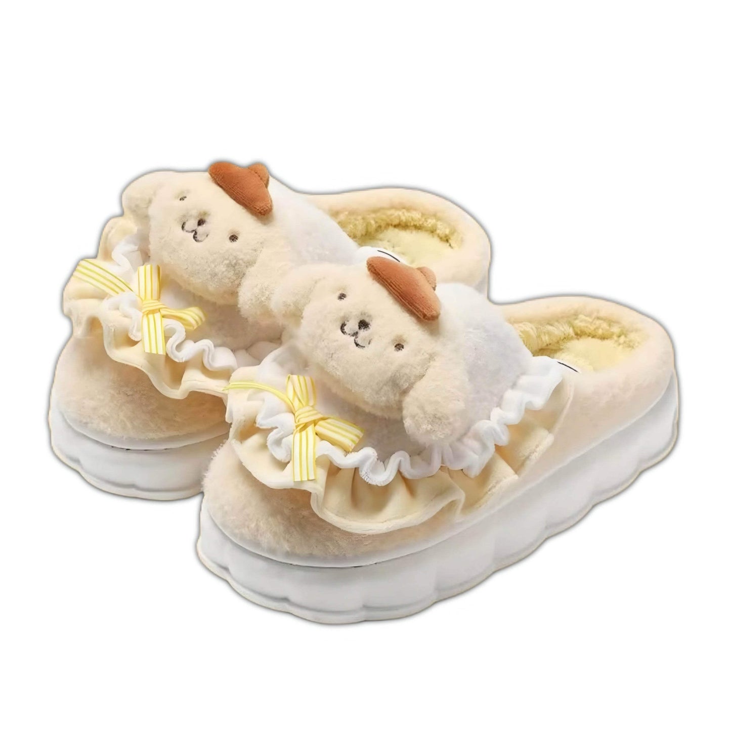 Fuzzy slippers in cream with plush bear faces, ruffled trim, and bow accents