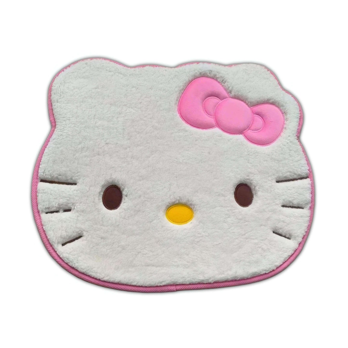 Hello Kitty face house rug, light gray with pink bow and brown eyes, yellow nose