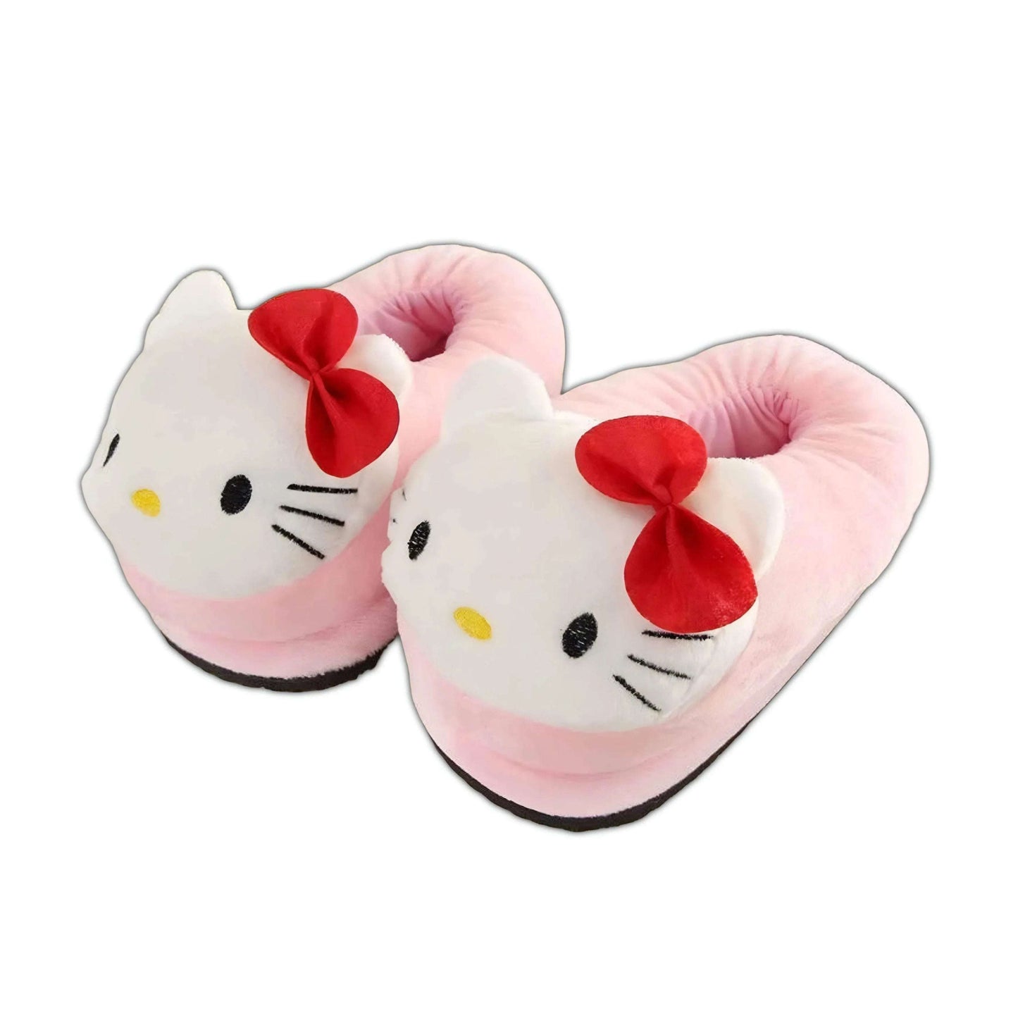 Plush Hello Kitty head slippers, white and light pink with red bows and soft padded soles