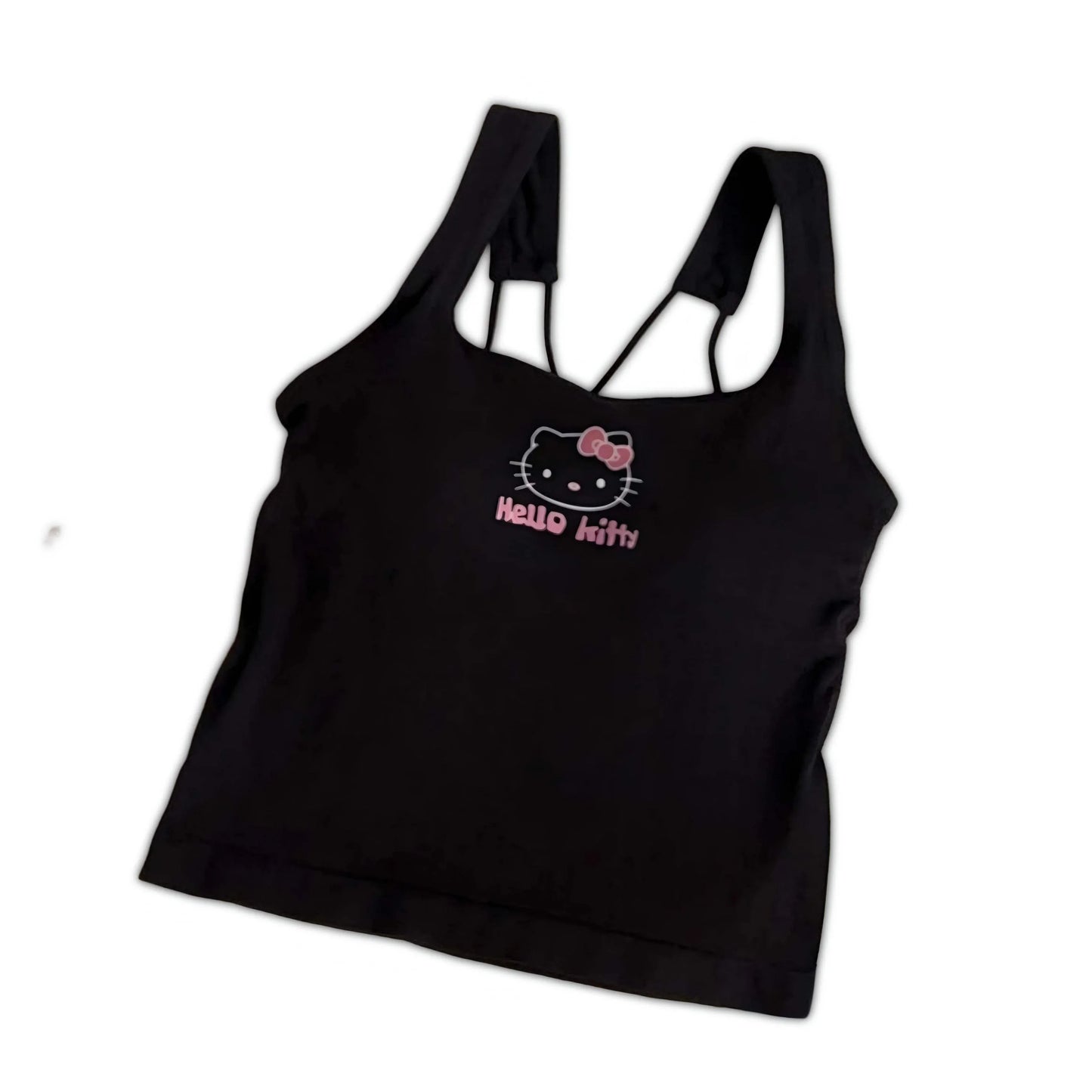 Black Hello Kitty crop top with bow logo print on scoop neckline and wide straps.