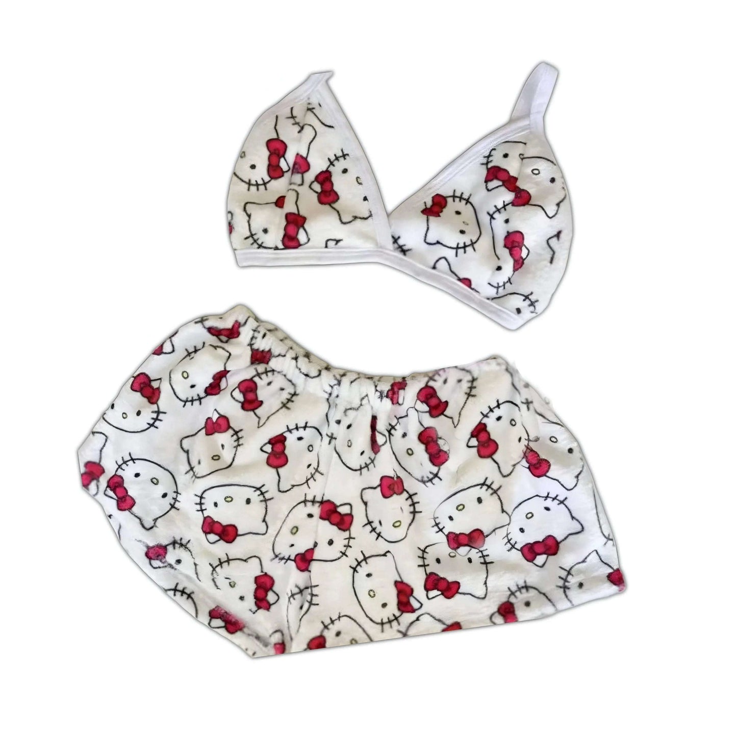 White Hello Kitty pajama bra and shorts set, all-over cat and bow print