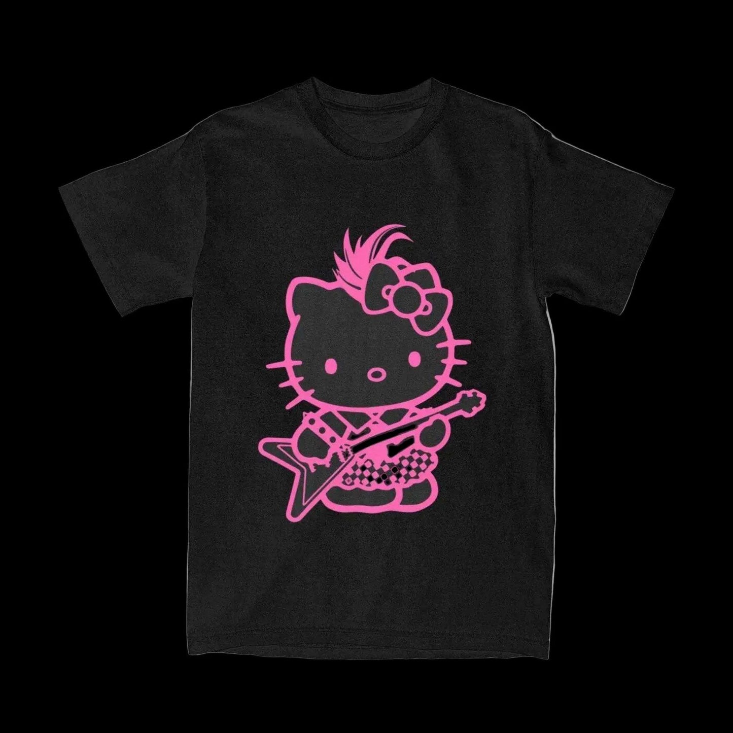 Black t-shirt with pink Hello Kitty rocker graphic on front