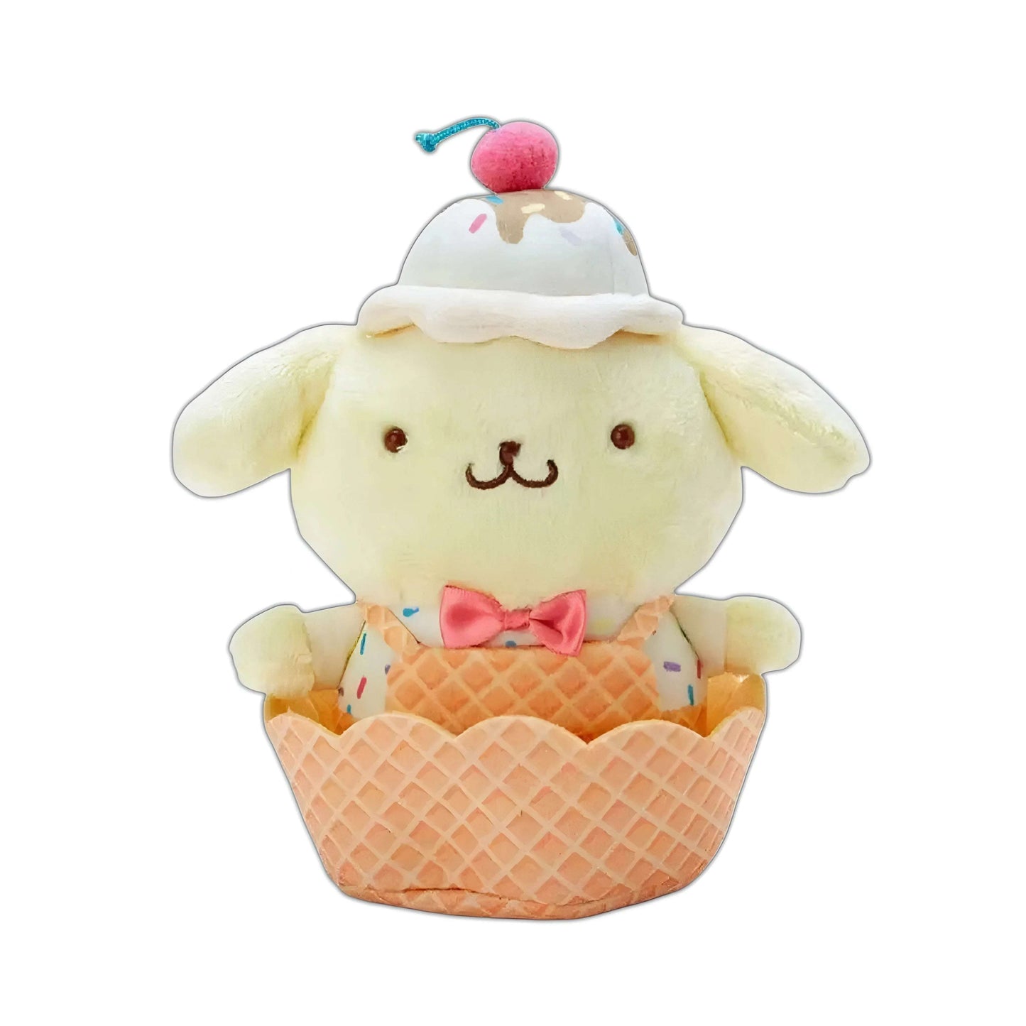 Ice cream cone plushie keychain, cream sheep character with pink bow and pom-pom cap