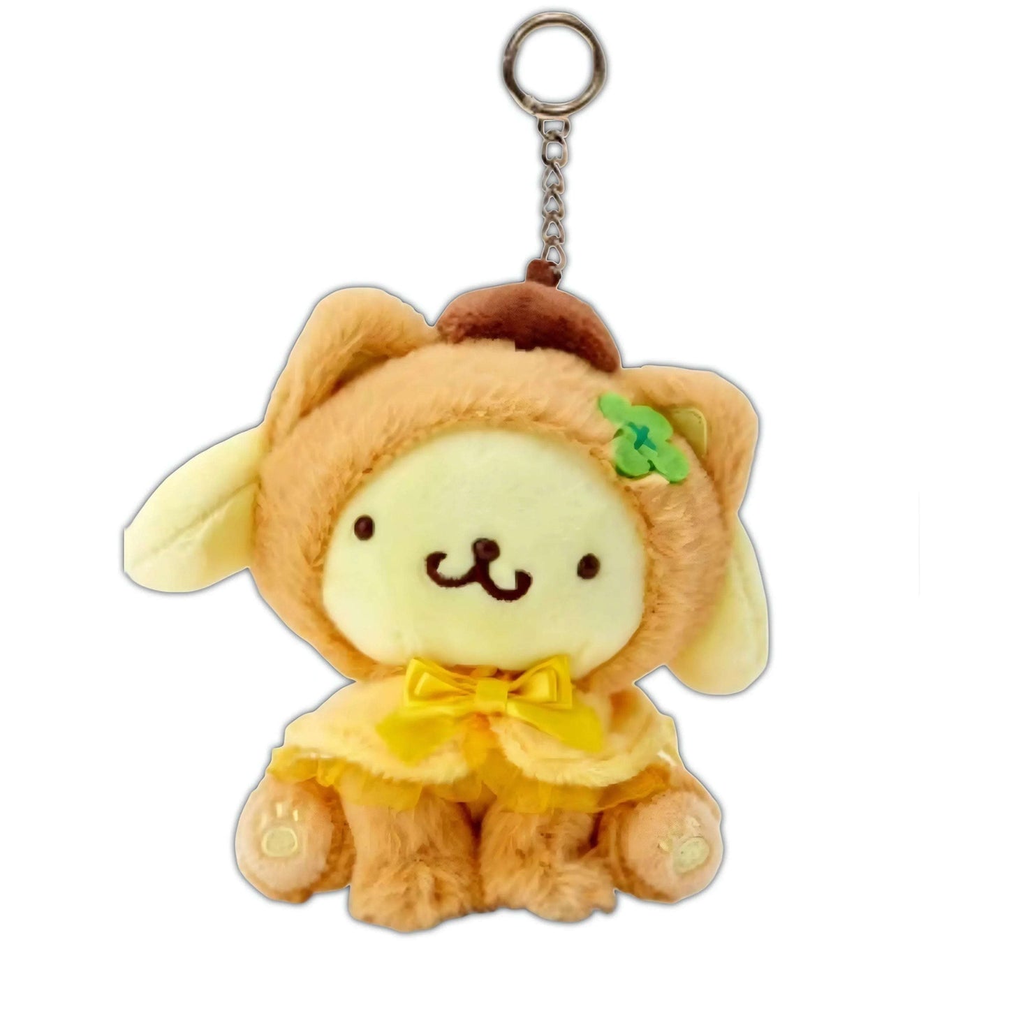 Tan plush cat keychain with yellow ruffled outfit, small green bow, and chain ring.