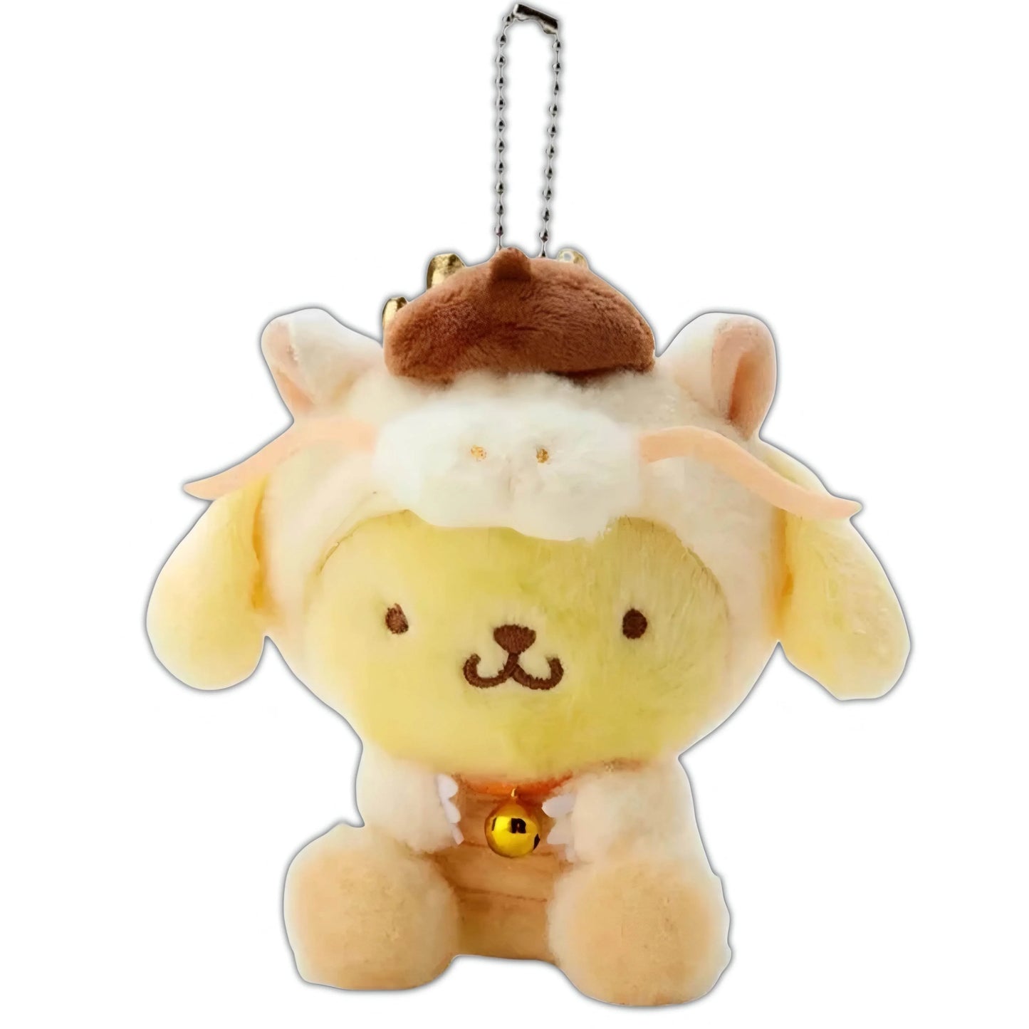 Yellow plush dragon keychain with brown tufted head, smiling face, and gold bell charm