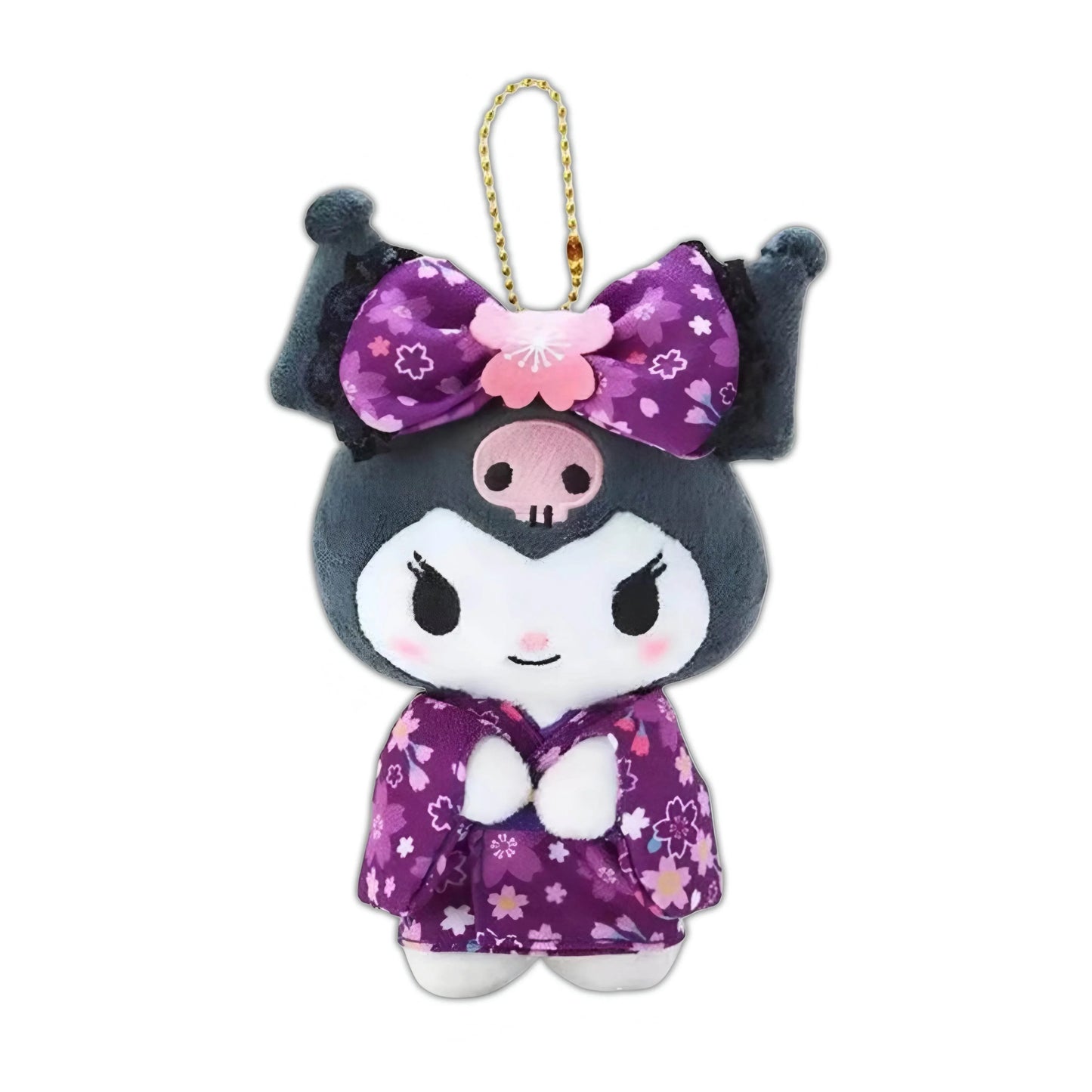 Kuromi plush keychain in purple kimono dress with skull face and pink bow