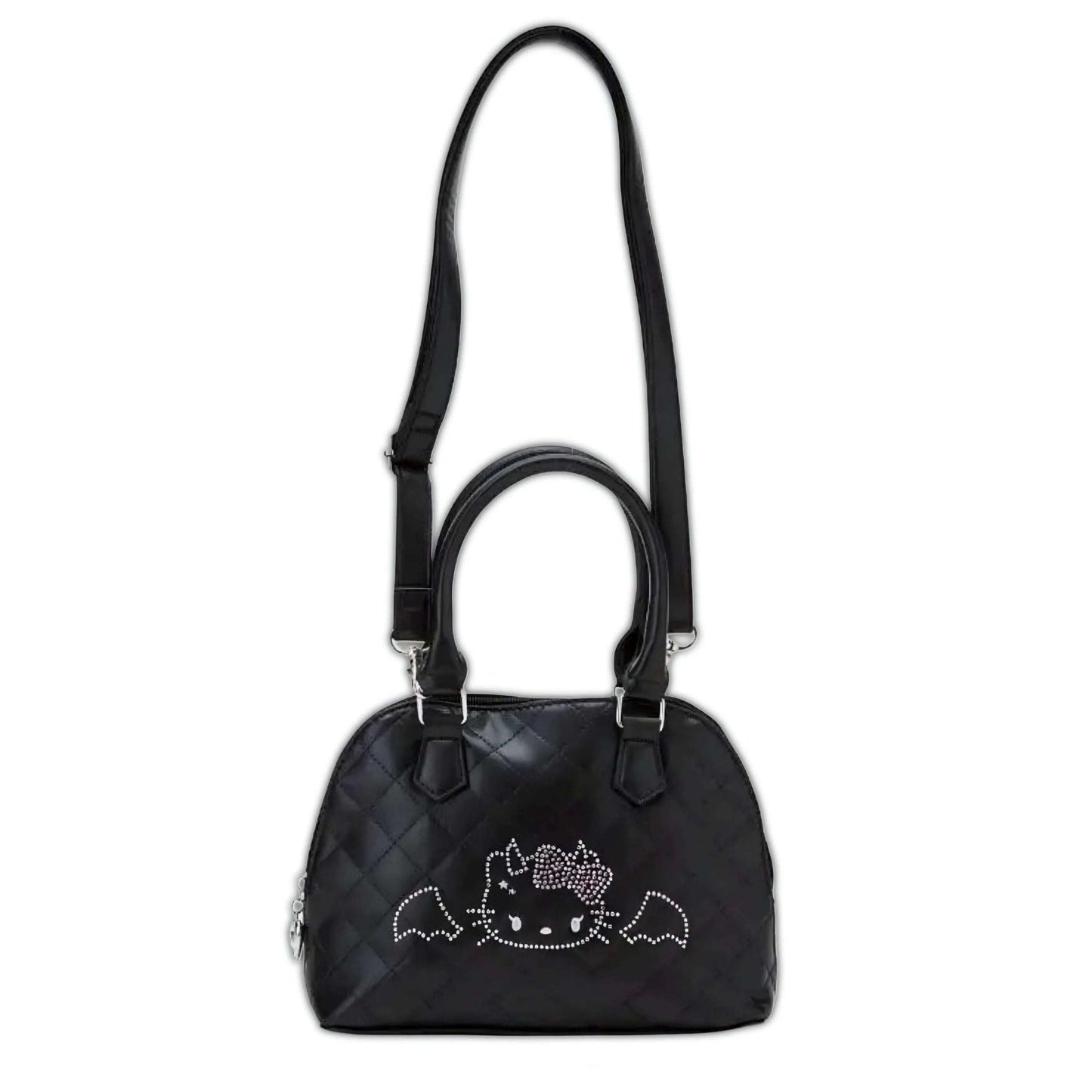 Black quilted Hello Kitty handbag with short handles and rhinestone angel motif