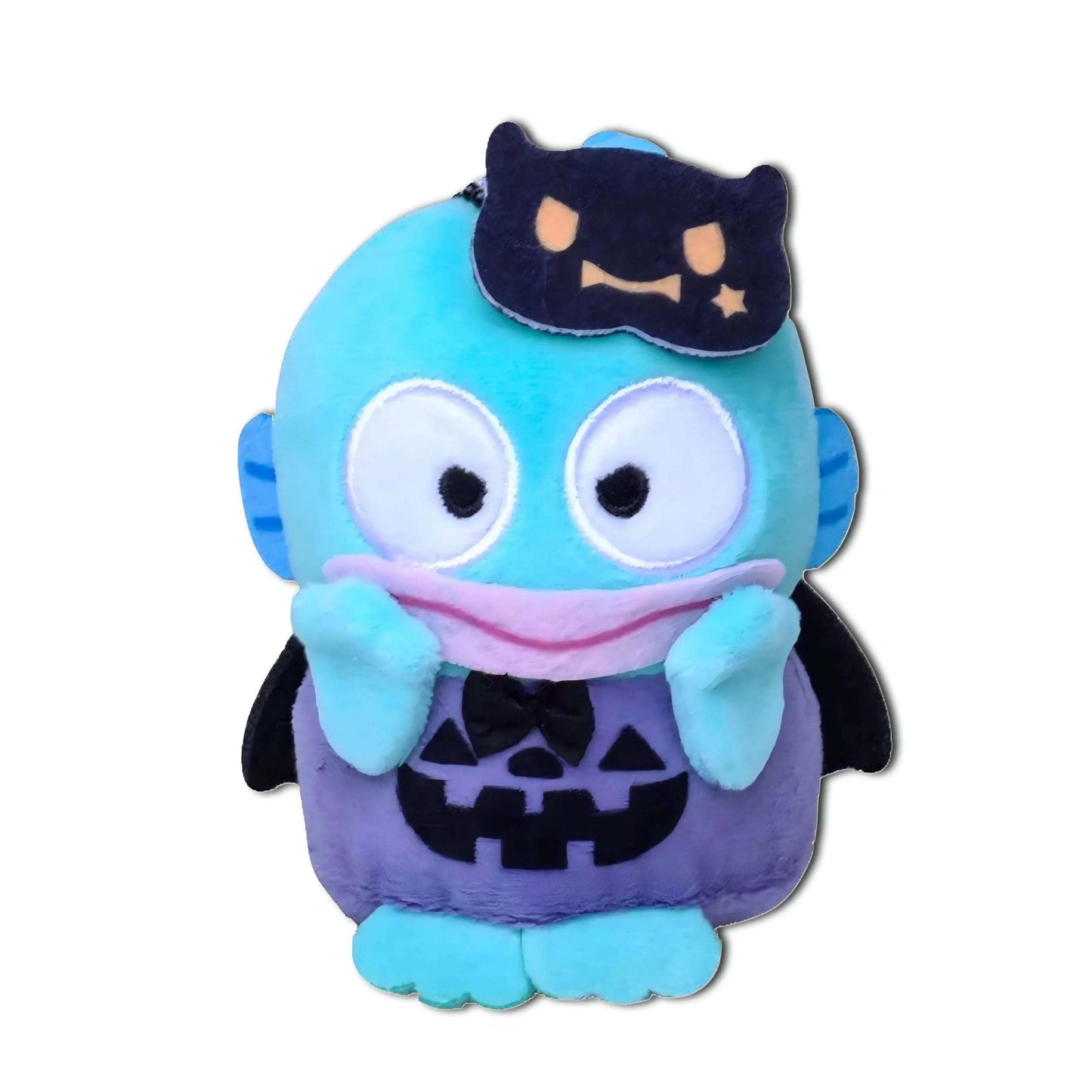 Blue-and-purple plush keychain with black hat, bow tie, and jack-o-lantern face