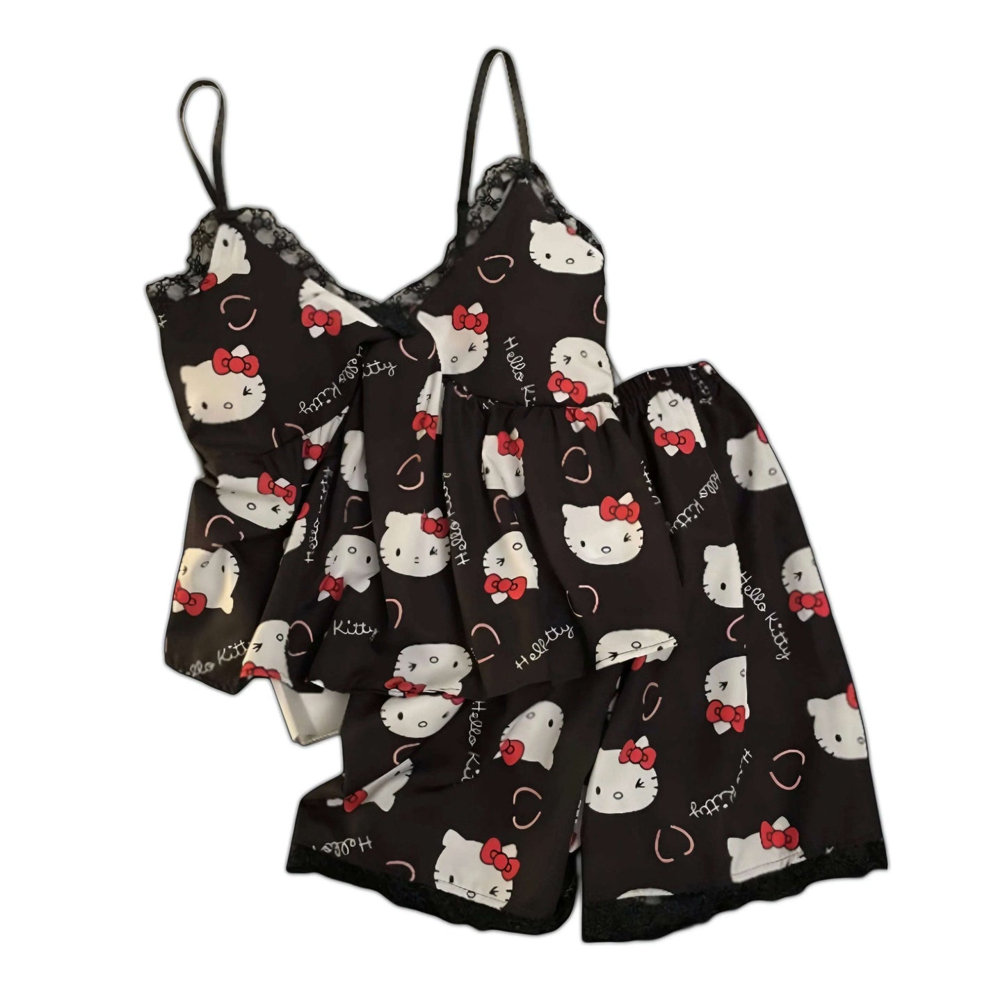 Black Hello Kitty night pajama set with spaghetti-strap top and shorts, allover print