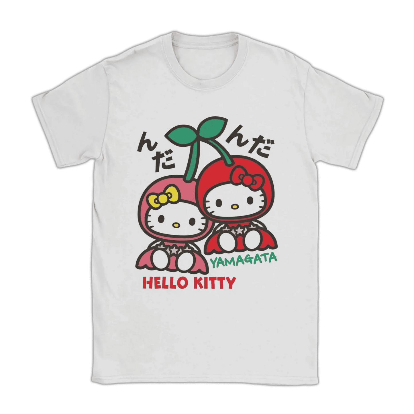 White Hello Kitty cherry T-shirt with bow, faces, and “YAMAGATA” graphic
