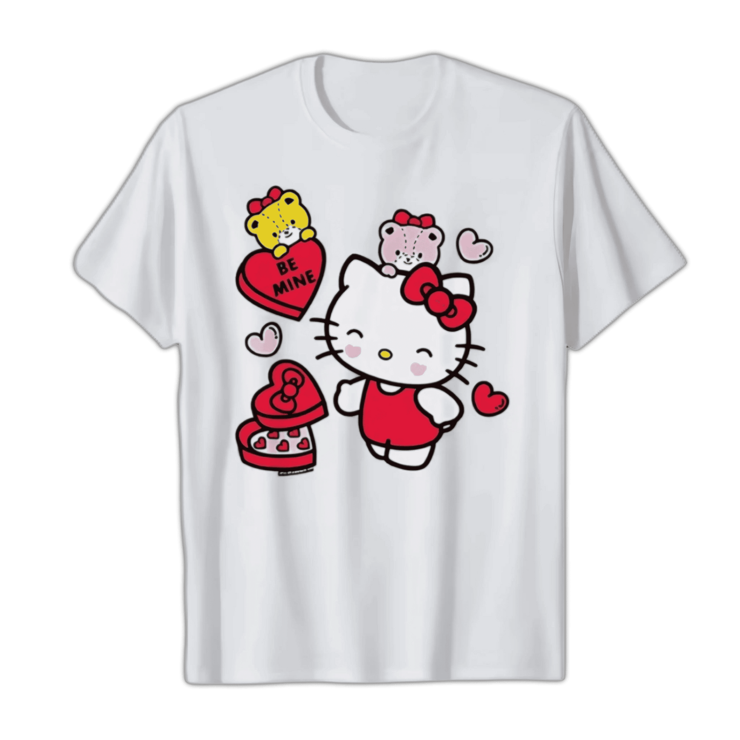 White Hello Kitty graphic T-shirt with hearts, bow, and character holding chocolate