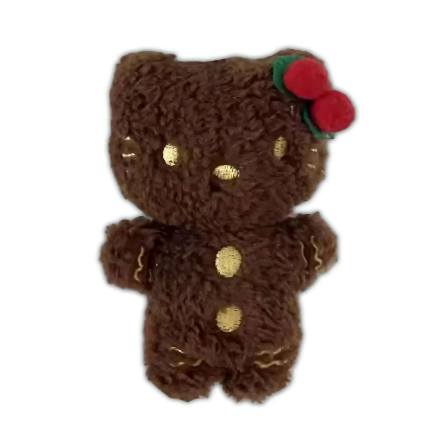 Brown gingerbread-style plush keychain with red pom-pom and gold detail