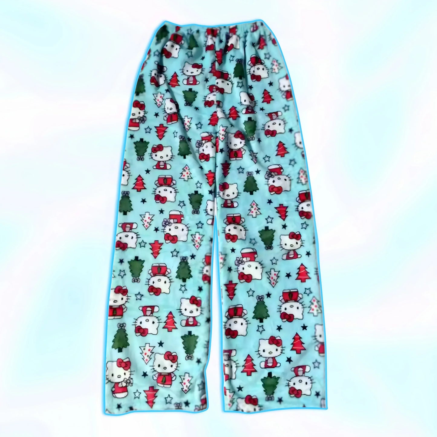 Light blue pajama pants with all-over Hello Kitty holiday pattern, relaxed straight fit