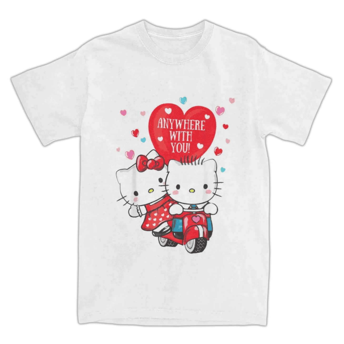 White graphic T-shirt with Hello Kitty and scooter heart print