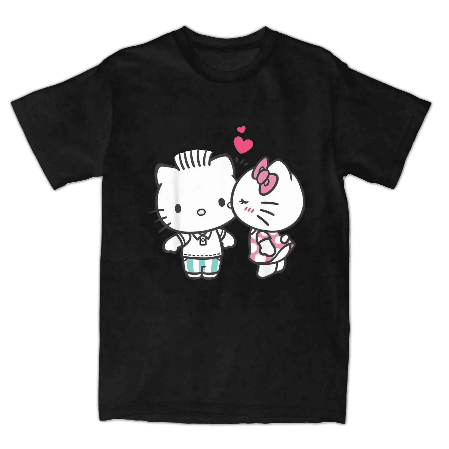 Black crewneck T-shirt with Hello Kitty couple heart graphic
