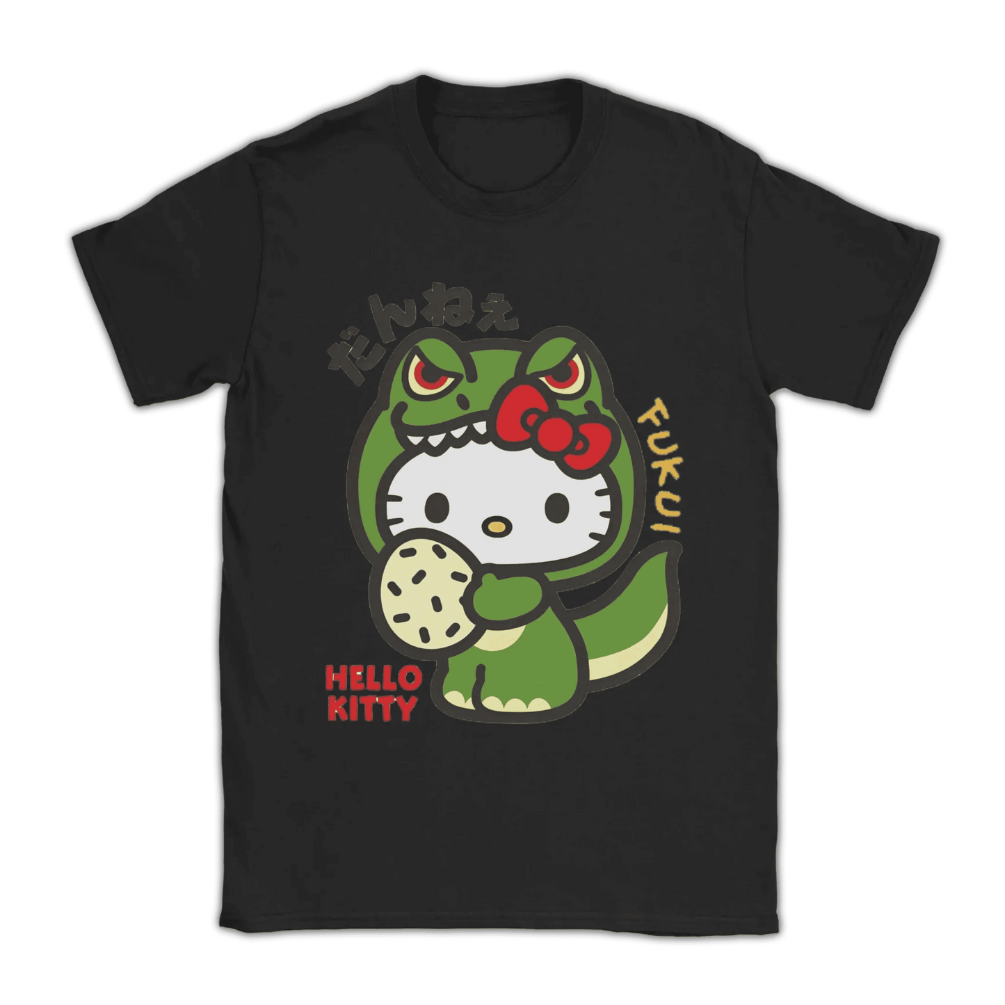 Hello Kitty kawaii dinosaur graphic T-shirt, black, short sleeves
