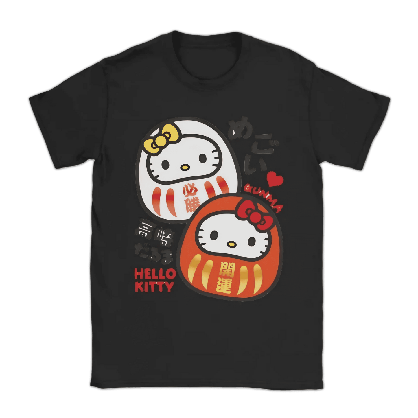Black T-shirt with Hello Kitty Daruma-style graphic and red accents.
