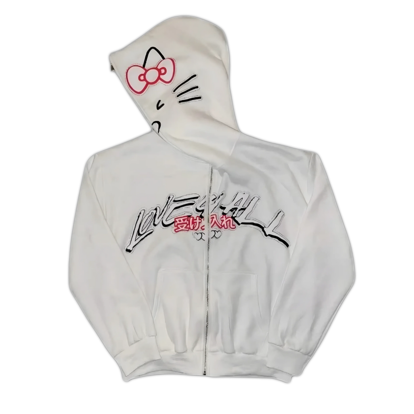 White Hello Kitty zip-up hoodie with red bow cat face hood and chest logo graphic.