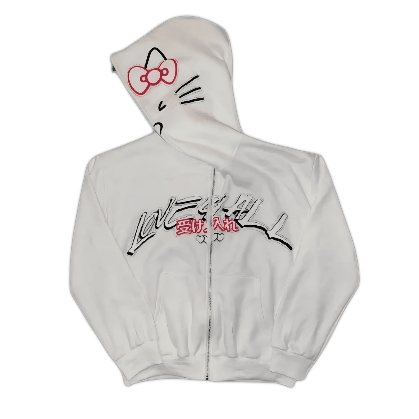 White zip-up hoodie with hood cat-face bow and chest graphic, full-length zipper