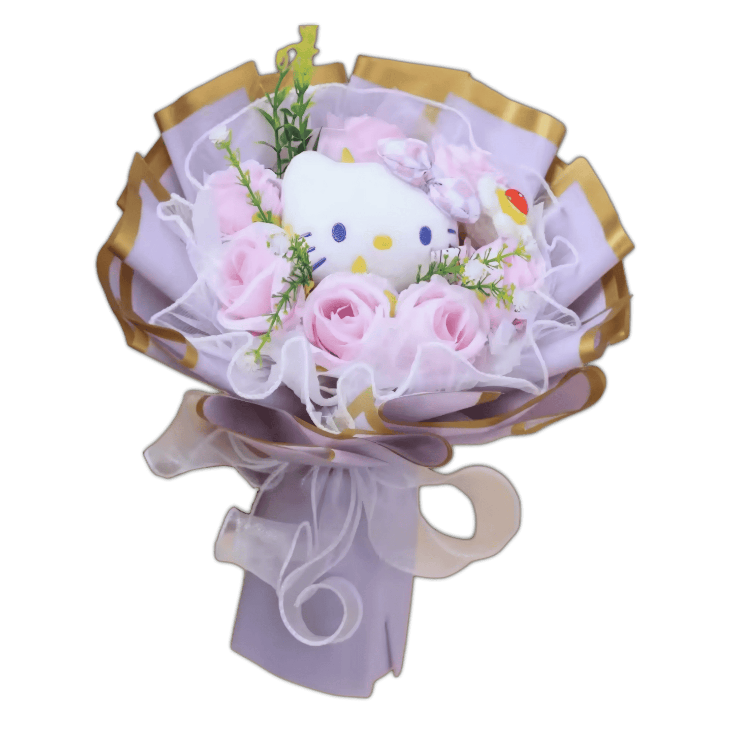 White rose bouquet with Hello Kitty plush, pink roses, and gold ribbon accents