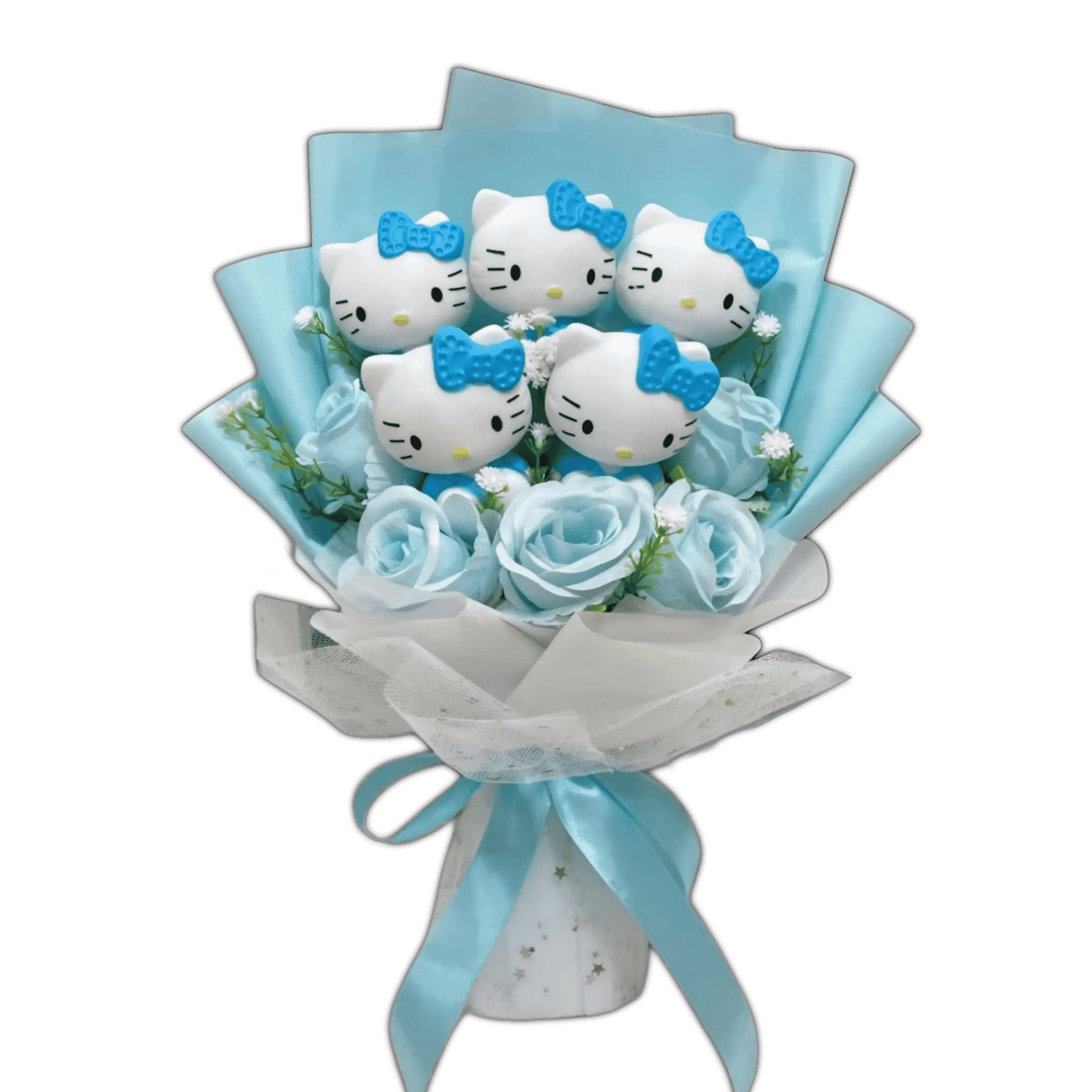 Hello Kitty bouquet with light blue wrapping, pale blue roses, and Hello Kitty faces with blue bows