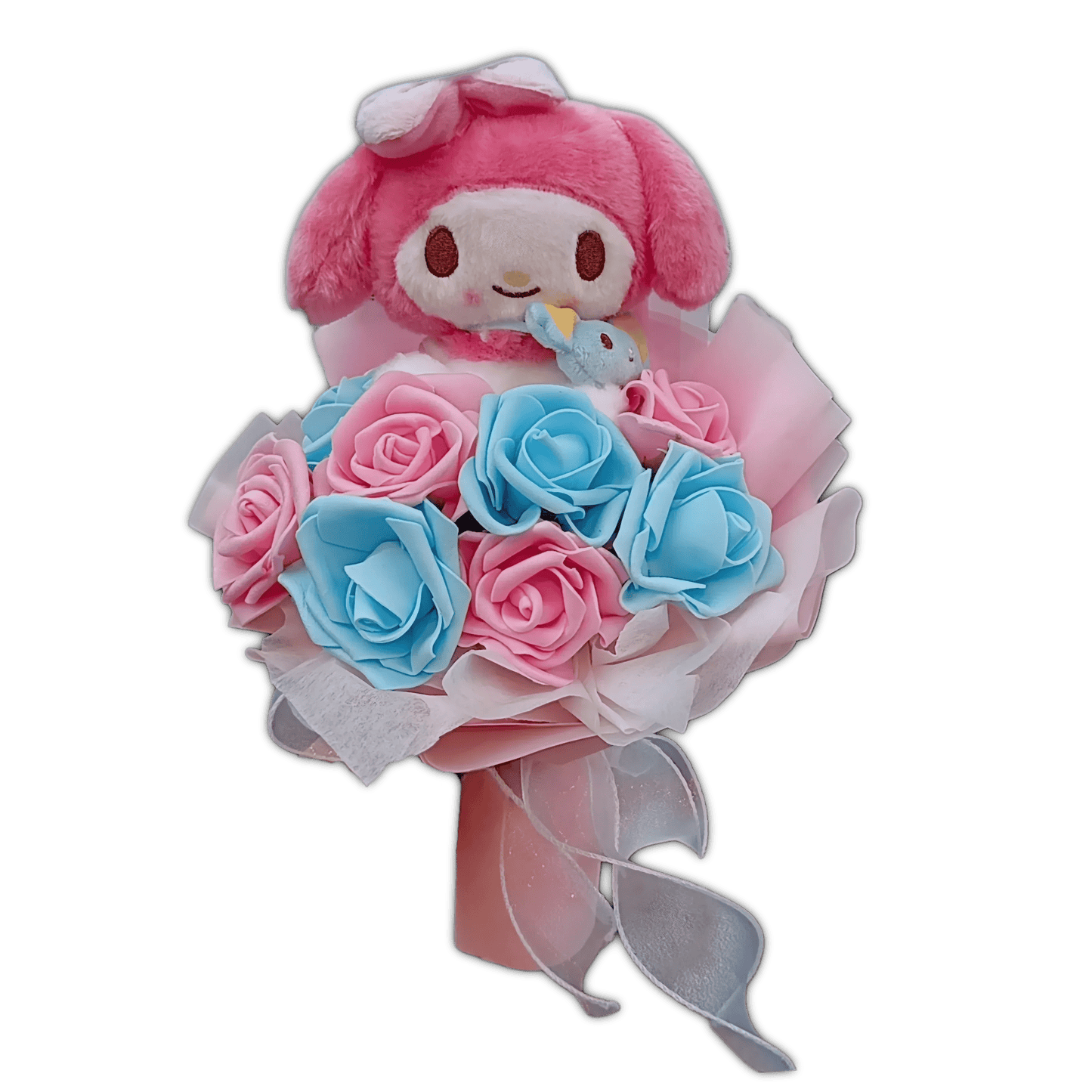 Pastel rose plush flower bouquet with pink My Melody character and blue, pink roses
