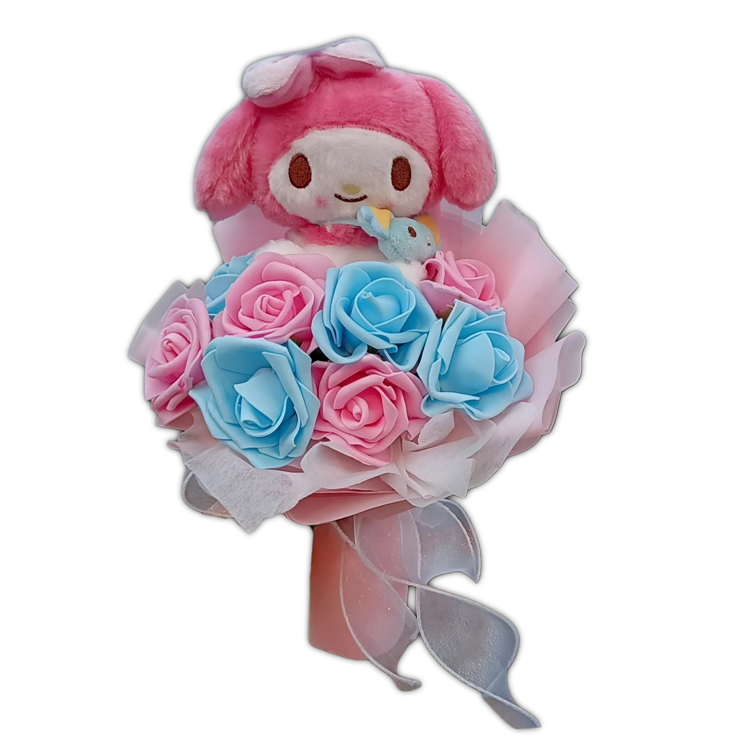 Pink plush character holding pastel pink and blue rose bouquet with ribbon wrap