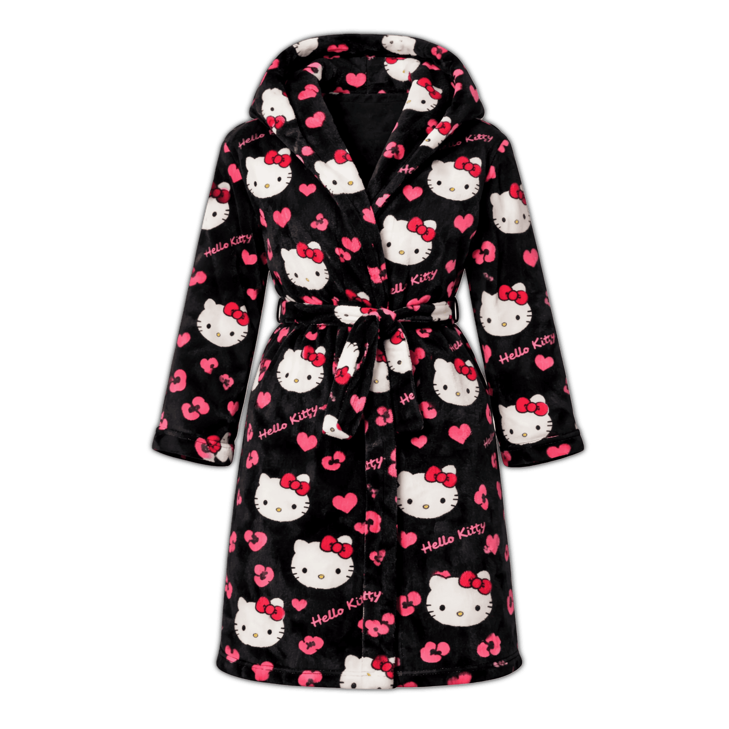 Fluffy hooded bathrobe, black with Hello Kitty faces and pink hearts, belt