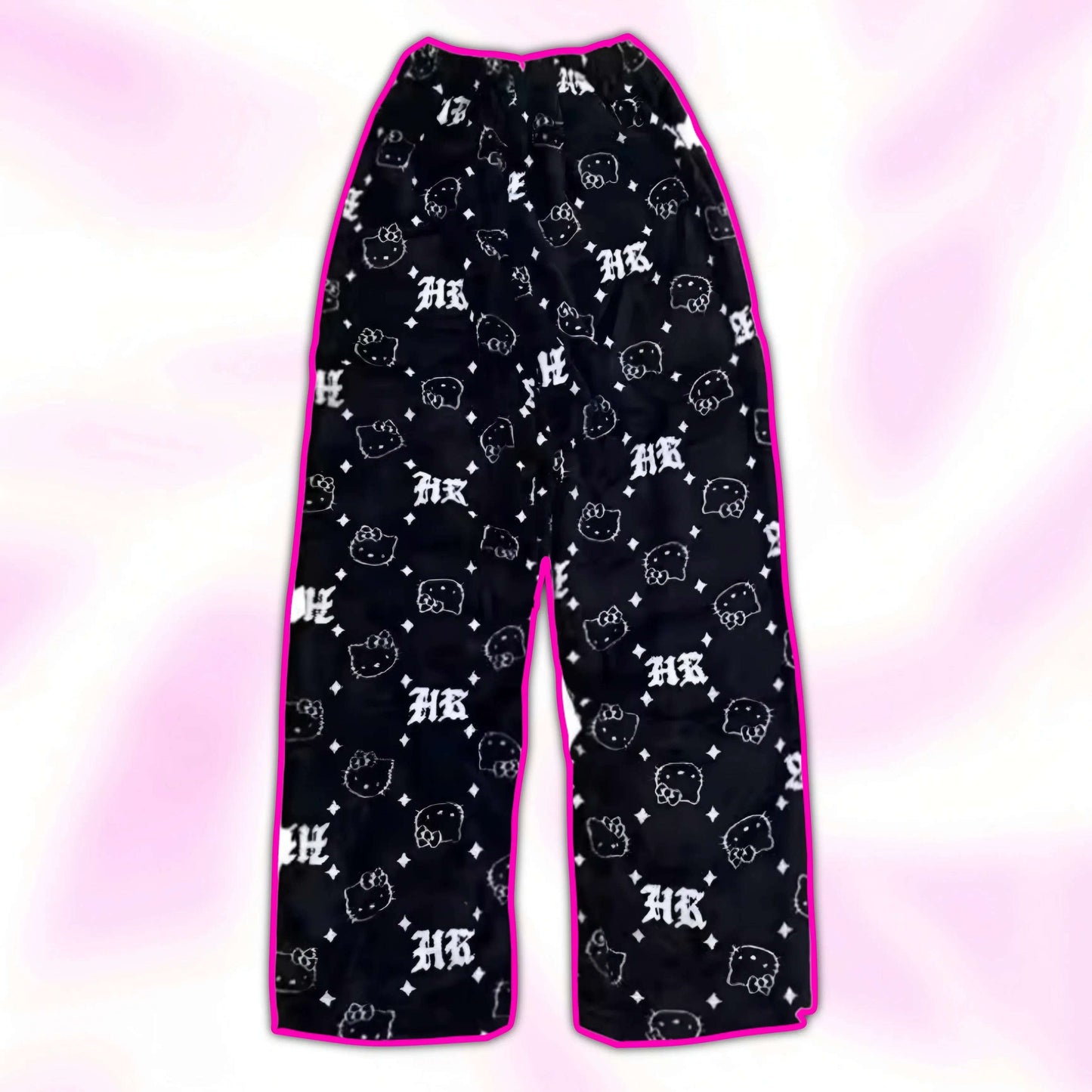 Black pajama pants with repeating white Hello Kitty and HK monogram pattern, wide leg