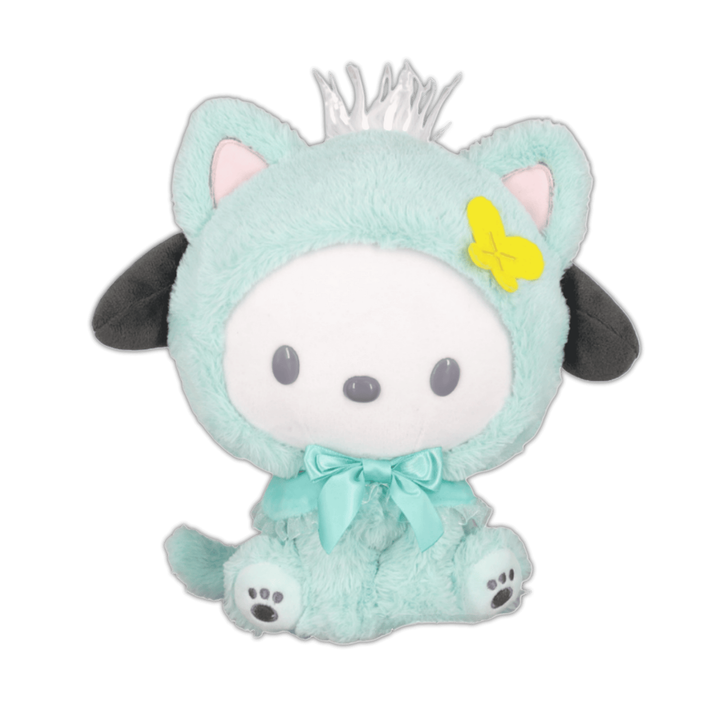 Mint green cat plush with yellow butterfly patch, blue ribbon bow, cute face