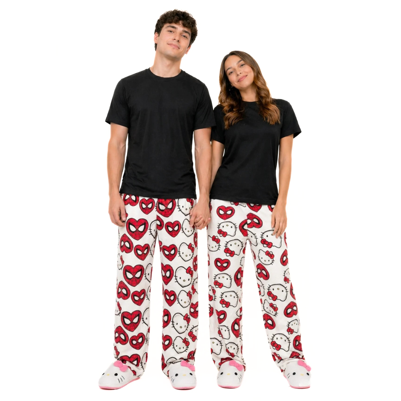 White pajama pants with Hello Kitty and Spider-Man mask print, red hearts accents