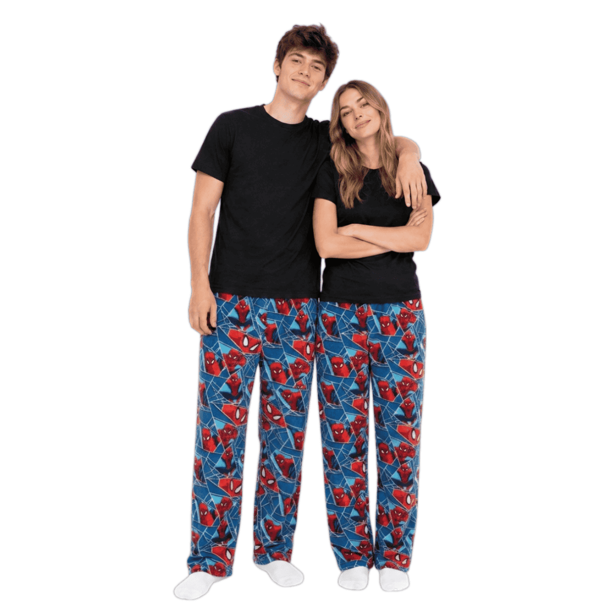 Spider-Man blue pajama pants with red-and-blue comic-style print