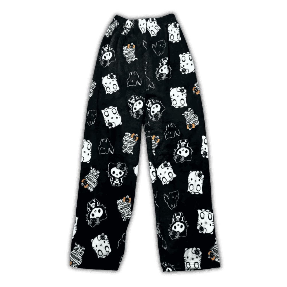 Spooky character pajama pants, black with white and orange character faces
