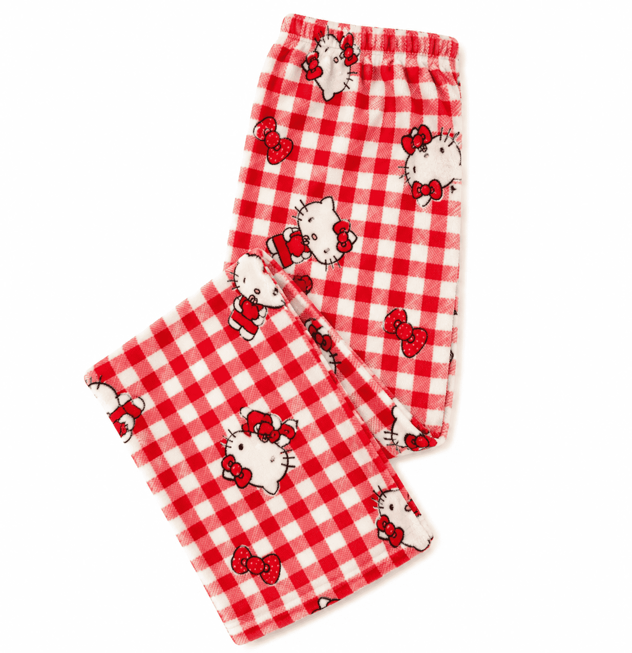 Folded red gingham pajama pants with Hello Kitty print and elastic waistband