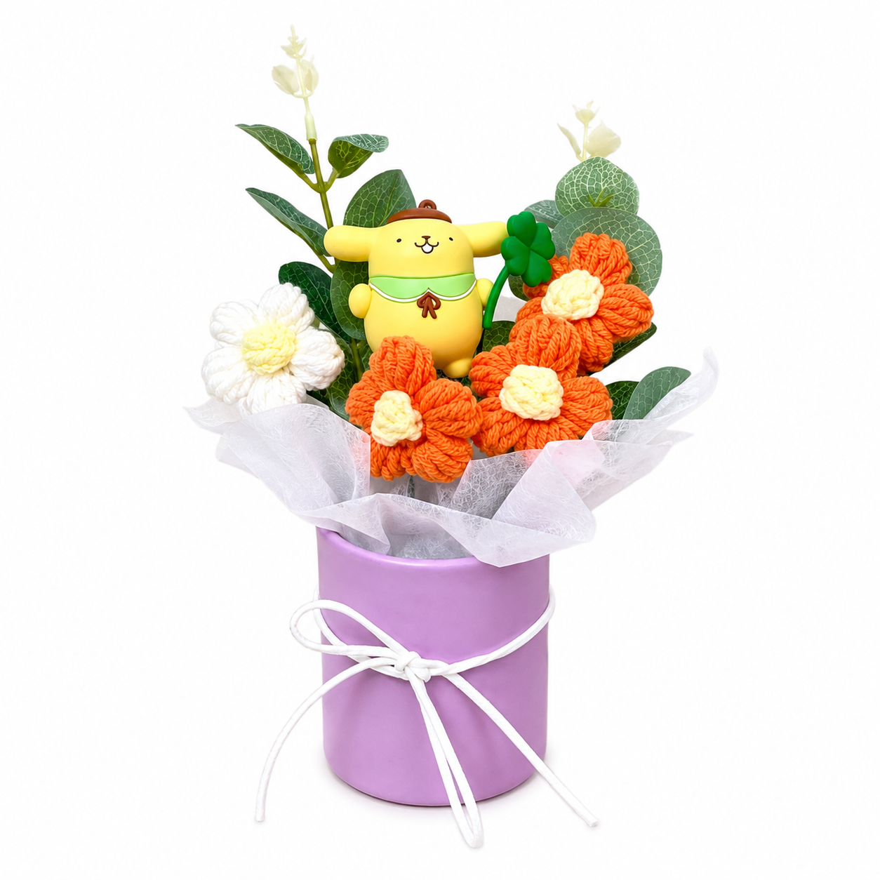 Plush flower arrangement with yellow bear plush and orange, white crocheted flowers
