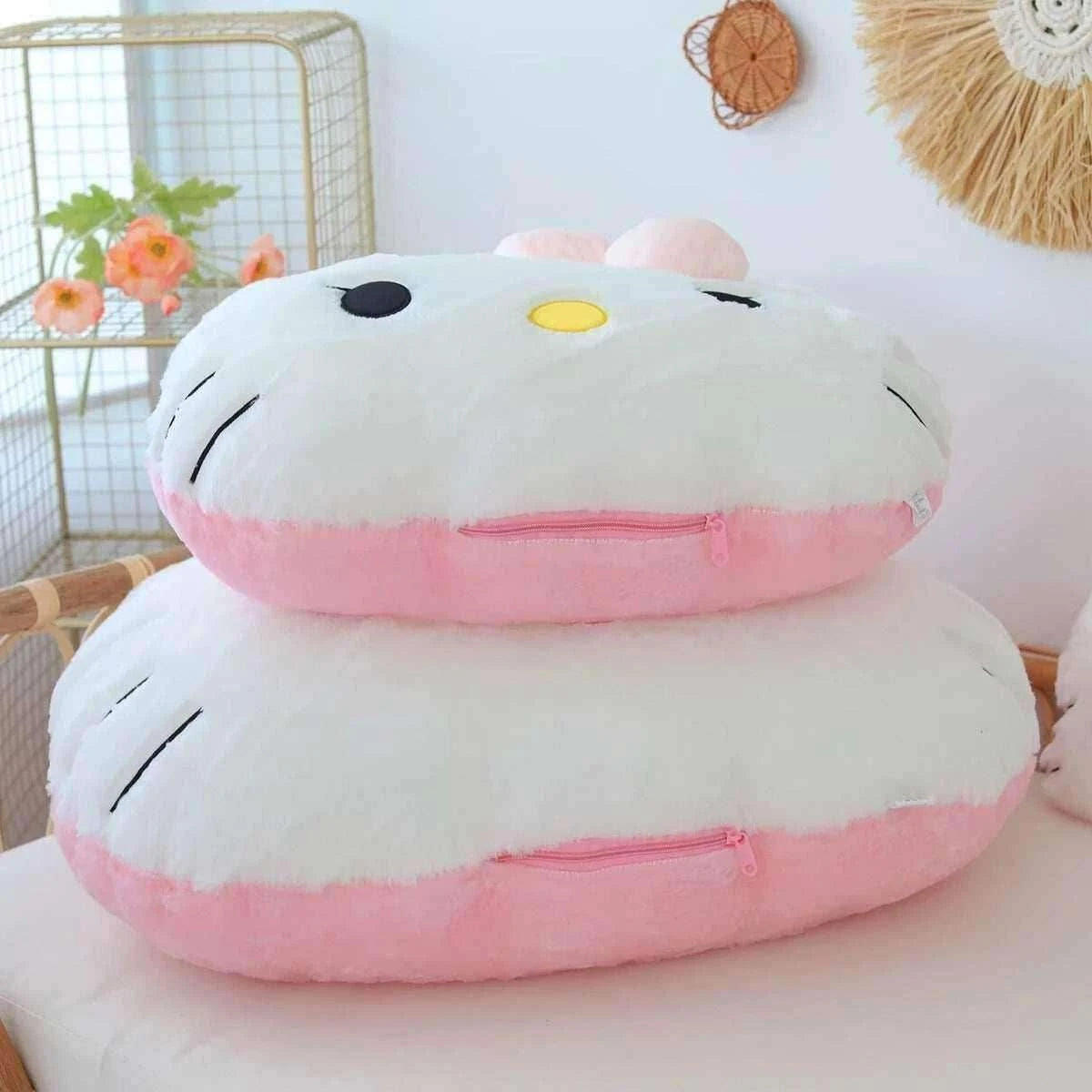 Hello Kitty plush pillow, stacked round cushion with pink bottom trim