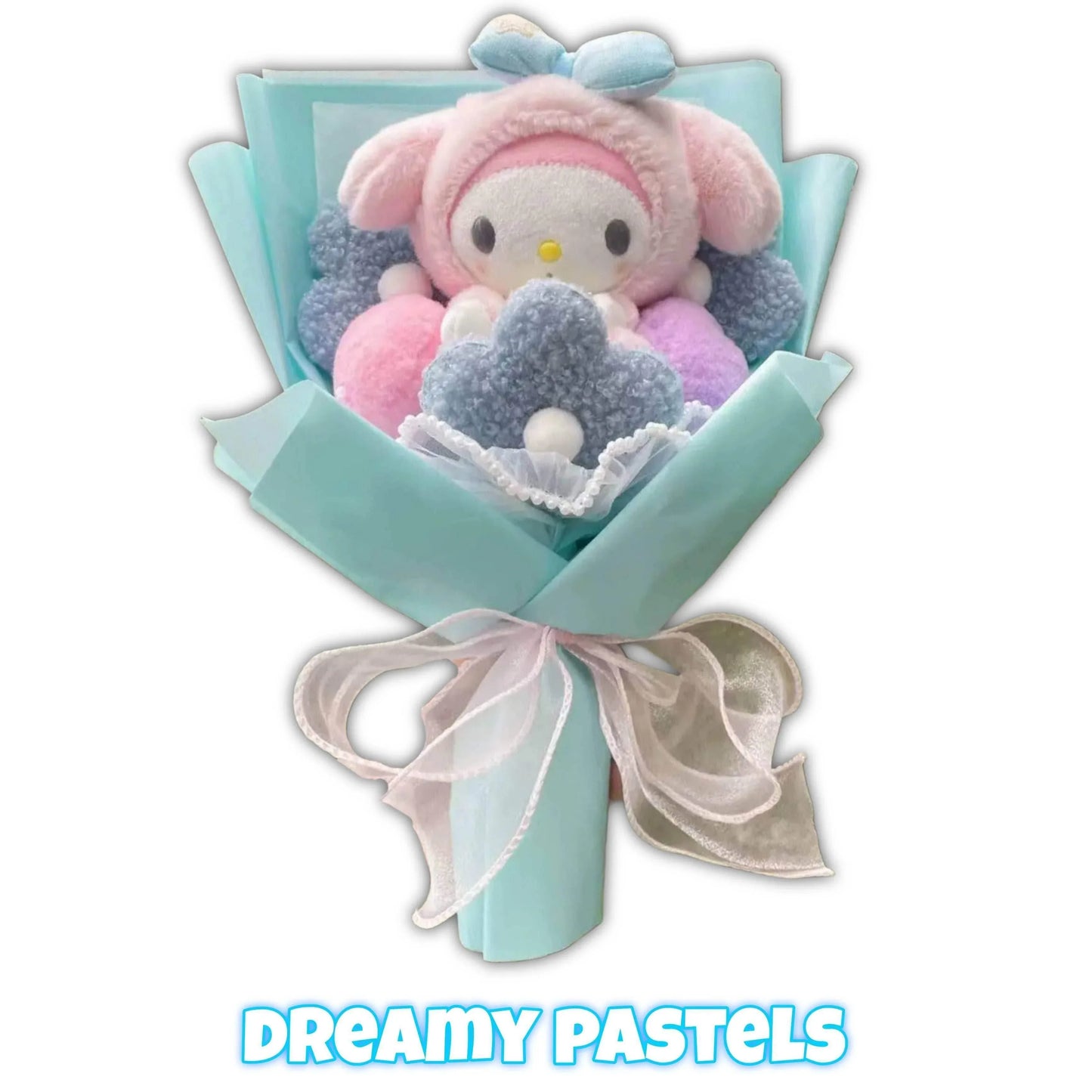 Blue plush penguin bouquet with teal tissue wrap and satin bow ribbon