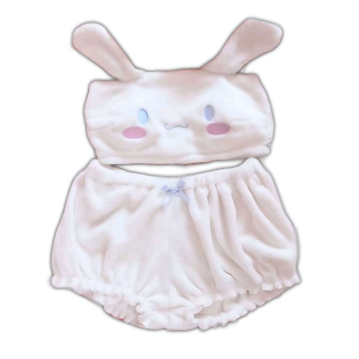 White bunny face two-piece pajama set with camisole top and puffed shorts