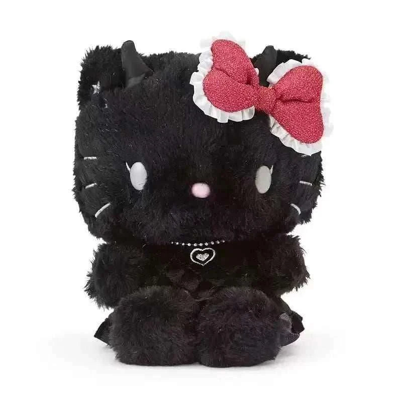 Hello Kitty devil plush, black cat with red bow and heart emblem on chest