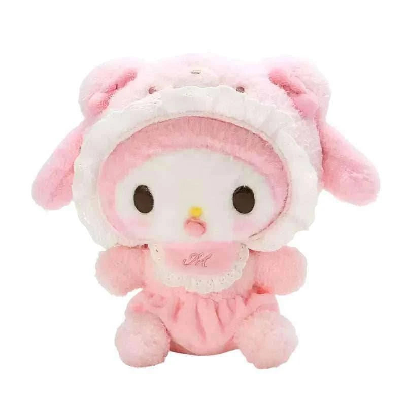 Pink baby bear plush doll with hooded lace trim and sleepy face, 20cm
