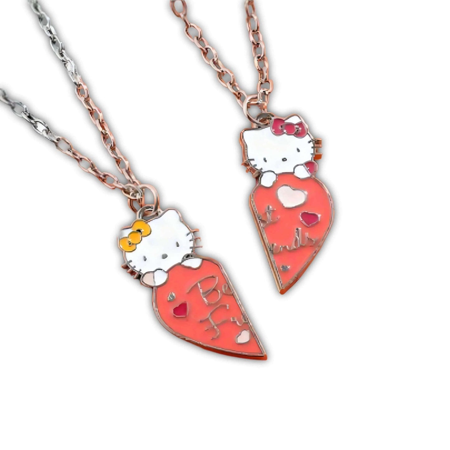 Hello Kitty heart pendant necklaces on silver chains, angled close-up of red charms