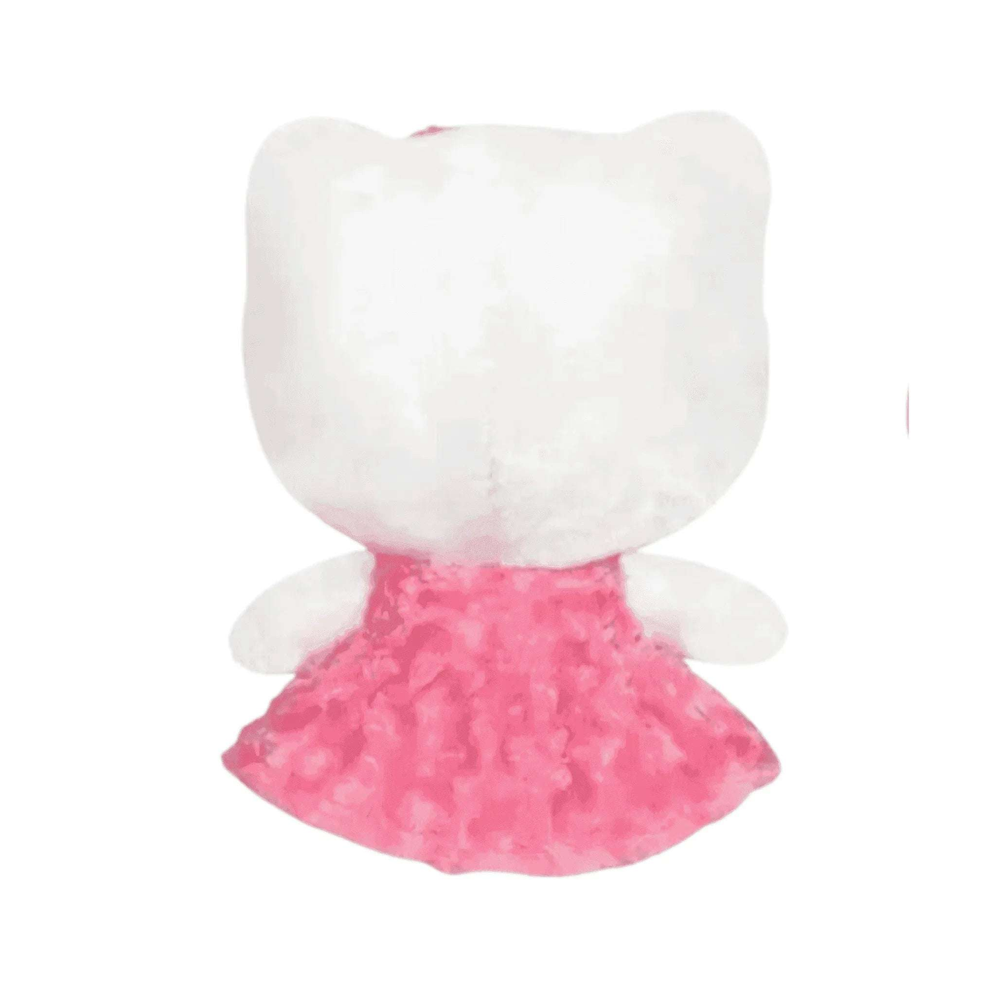Pink and white plush cat back view with fluffy ears and lace dress