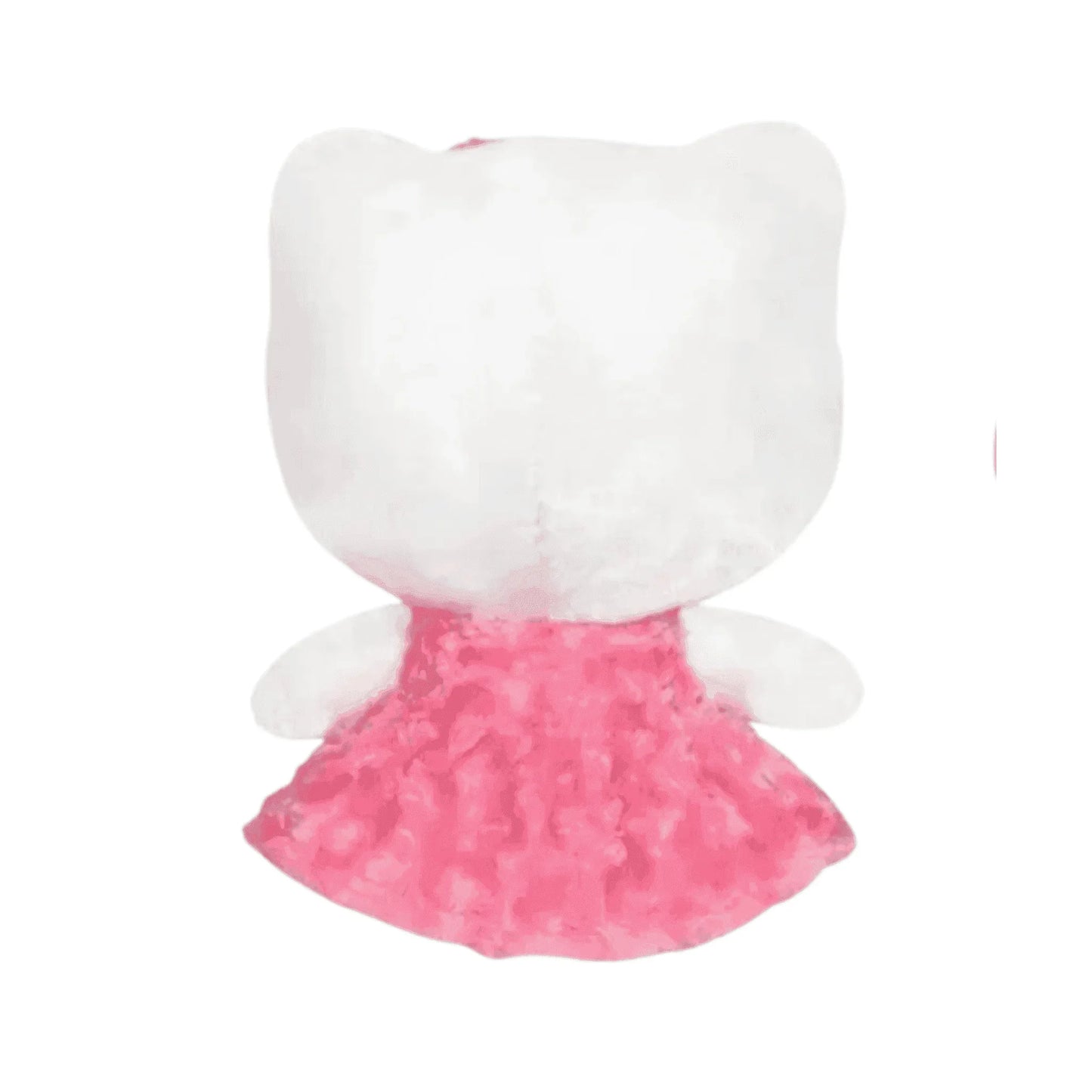 Back view of a pink and white plush cat with a gathered skirt and soft ears