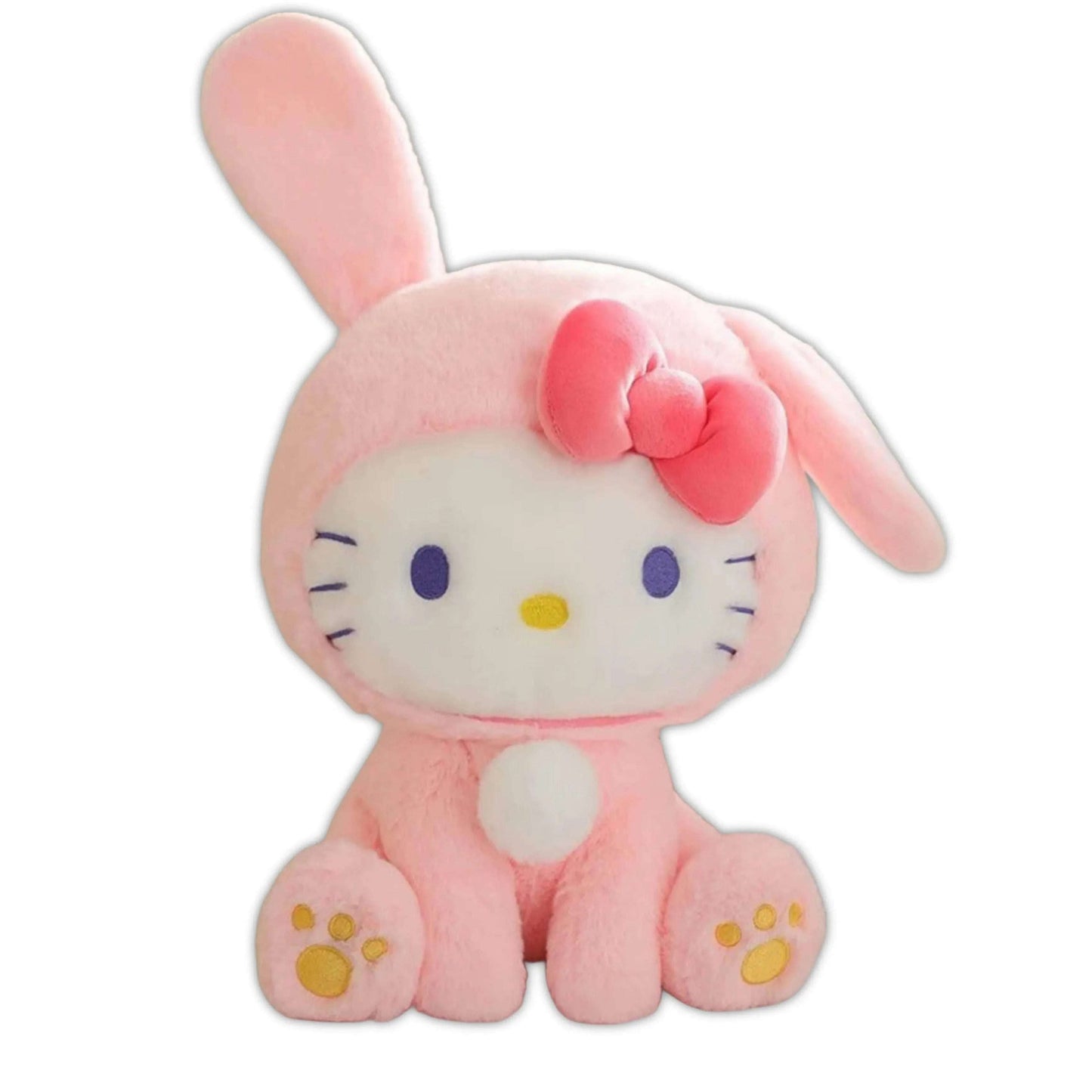 Pink Hello Kitty bunny plush with long ears, embroidered face, and paw-print accents