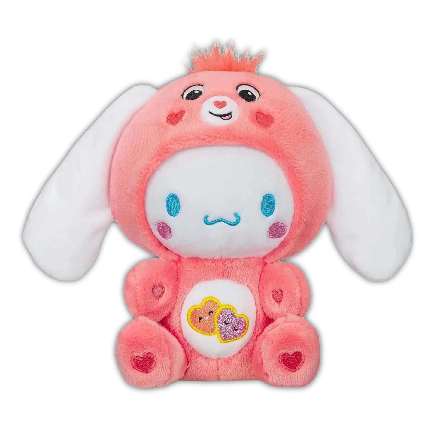 Pink plush teddy bear with rounded ears, sleepy face, heart paw pads and tote badge